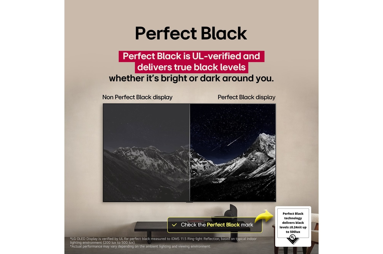 Sala de estar con una LG OLED TV montada en la pared. En la TV se muestra una cadena montañosa bajo un cielo nocturno oscuro lleno de estrellas. Esta escena está dividida a la mitad para mostrar cómo Negro Perfecto ofrece verdaderos niveles de negro, ya sea que haya luz u oscuridad a tu alrededor. Una mitad de la imagen muestra una versión más opaca y gris del paisaje, con la etiqueta: Pantalla sin Negro Perfecto. La otra mitad muestra una imagen más atractiva con un mayor rango dinámico de negros y blancos. Esta mitad dice: Pantalla negro perfecto. También puede verse el logotipo de certificación: La tecnología Negro Perfecto ofrece niveles de negro inferiores o iguales a 0,24 nit y hasta 500 lux. A su lado, hay un globo de texto que dice: Verifica la marca de certificación Negro Perfecto.
