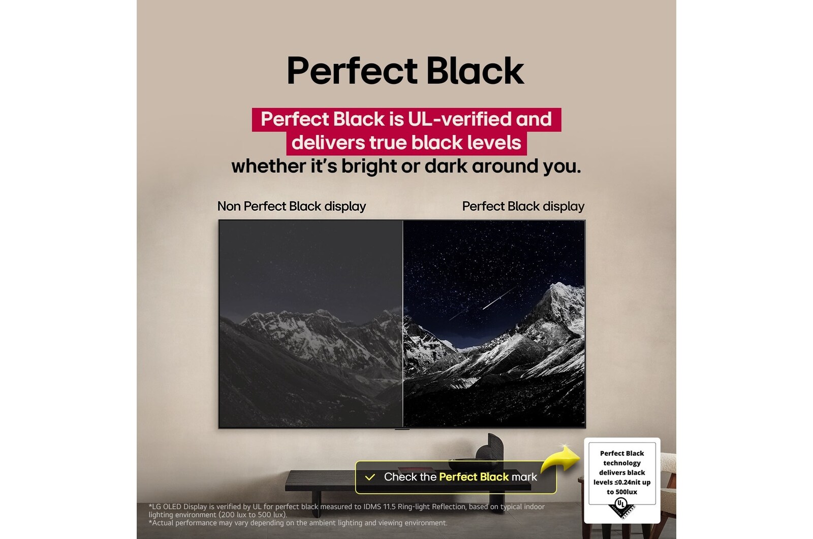 Sala de estar con una LG OLED TV montada en la pared. En la TV se muestra una cadena montañosa bajo un cielo nocturno oscuro lleno de estrellas. Esta escena está dividida a la mitad para mostrar cómo Negro Perfecto ofrece verdaderos niveles de negro, ya sea que haya luz u oscuridad a tu alrededor. Una mitad de la imagen muestra una versión más opaca y gris del paisaje, con la etiqueta: Pantalla sin Negro Perfecto. La otra mitad muestra una imagen más atractiva con un mayor rango dinámico de negros y blancos. Esta mitad dice: Pantalla negro perfecto. También puede verse el logotipo de certificación: La tecnología Negro Perfecto ofrece niveles de negro inferiores o iguales a 0,24 nit y hasta 500 lux. A su lado, hay un globo de texto que dice: Verifica la marca de certificación Negro Perfecto.