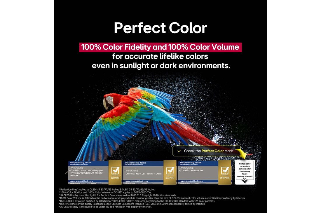 Un loro colorido en ultra alta definición sobre un fondo negro. A su alrededor hay gotas de agua suspendidas en el aire. La imagen muestra Perfect Color, ya que cada tono diferente del cuerpo del loro es vibrante y vívido. El fondo oscuro con salpicaduras de agua detalladas también resalta cómo la pantalla está libre de reflejos. Se observan diferentes certificaciones de logotipos de UL e Intertek. Estos se refieren a su 100% de fidelidad de color, 100% de volumen de color y su afirmación de ausencia de reflejos. También se observa un texto; verifique la marca de certificación Perfect Color.