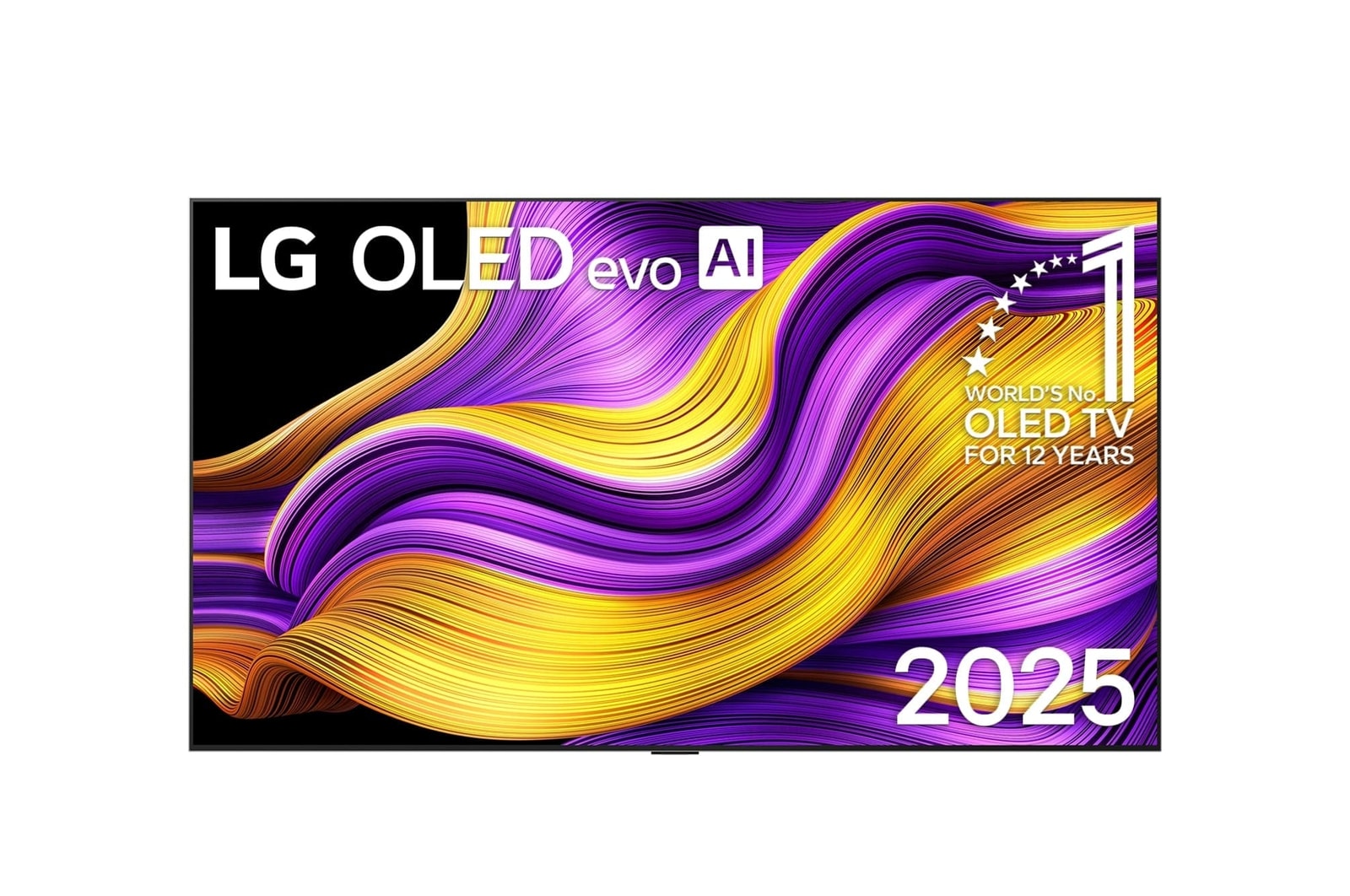 Vista de frente de la Smart TV LG OLED evo AI G5 4K. El emblema de OLED de ser el n.º 1 del mundo durante 12 años y el logotipo de LG OLED evo AI 2025 aparecen en la pantalla.