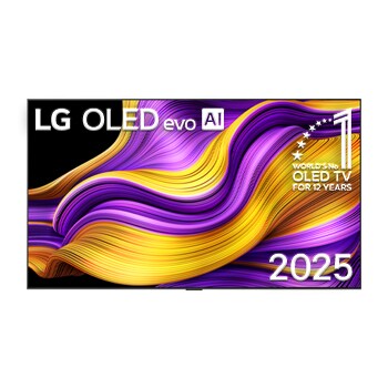 Vista de frente de la Smart TV LG OLED evo AI G5 4K. El emblema de OLED de ser el n.º 1 del mundo durante 12 años y el logotipo de LG OLED evo AI 2025 aparecen en la pantalla.