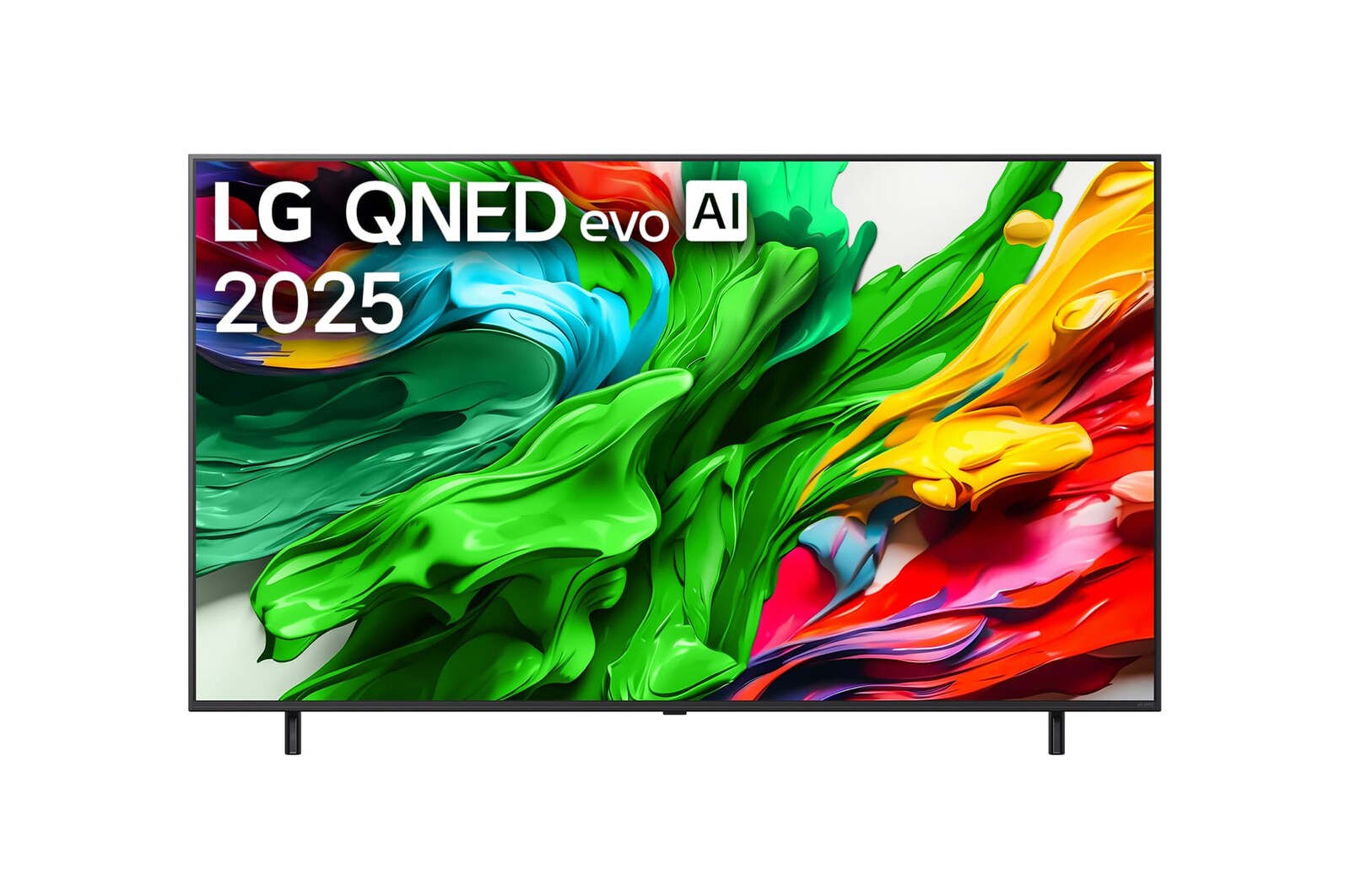 Vista de frente del TV LG QNED evo QNED85, logo de LG QNED evo Al en la esquina superior. El TV LG QNED evo QNED85 muestra texturas coloridas como una pintura que se combinan.