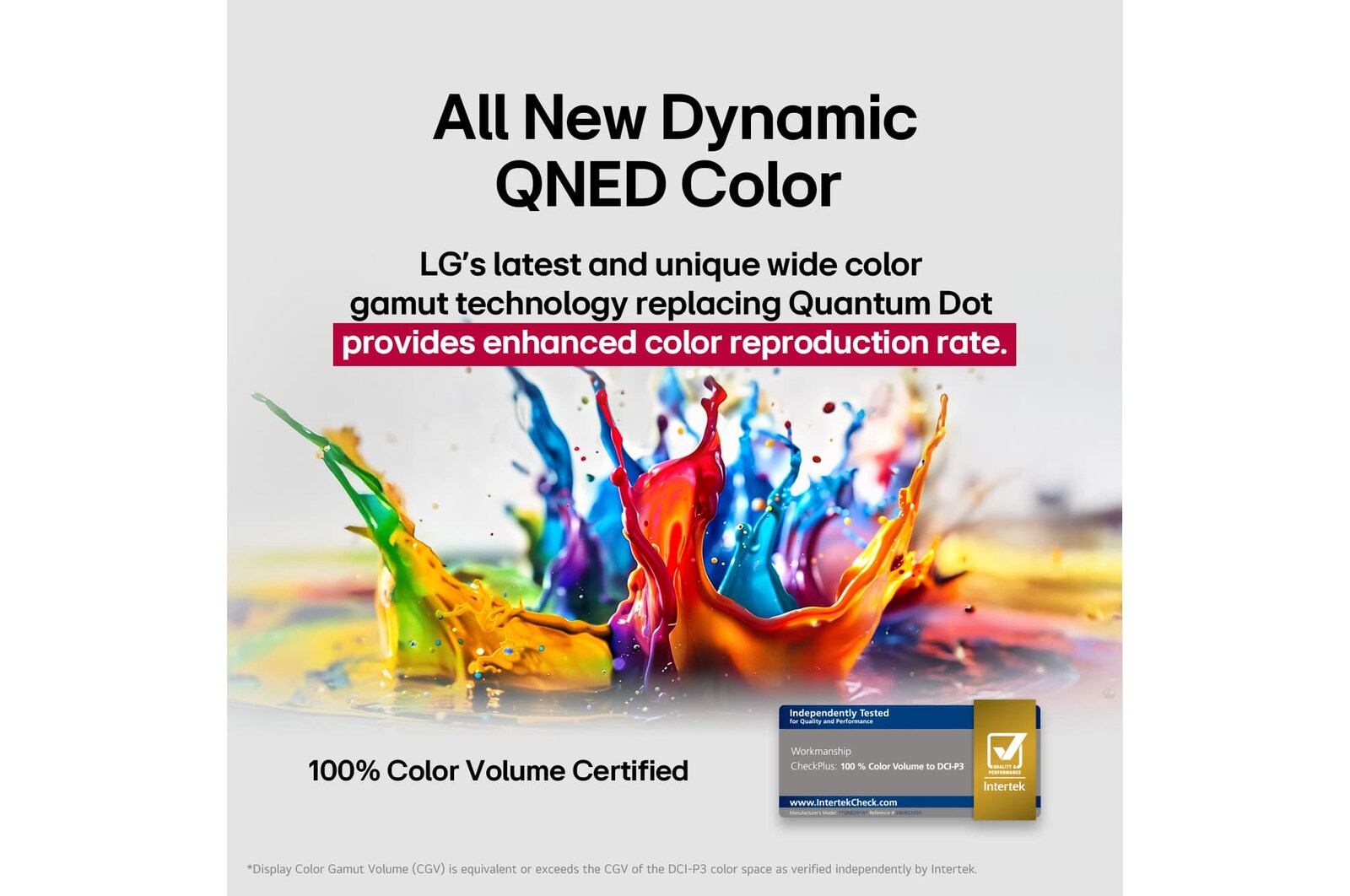 Salpicaduras de pintura de diversos colores irrumpen desde el suelo hacia arriba. Certificación de Intertrek para 100 % de volumen de color para DCI-P3. El título habla de la nueva y exclusiva tecnología de amplia gama de colores de LG, que permite ver colores vivos en la pantalla.