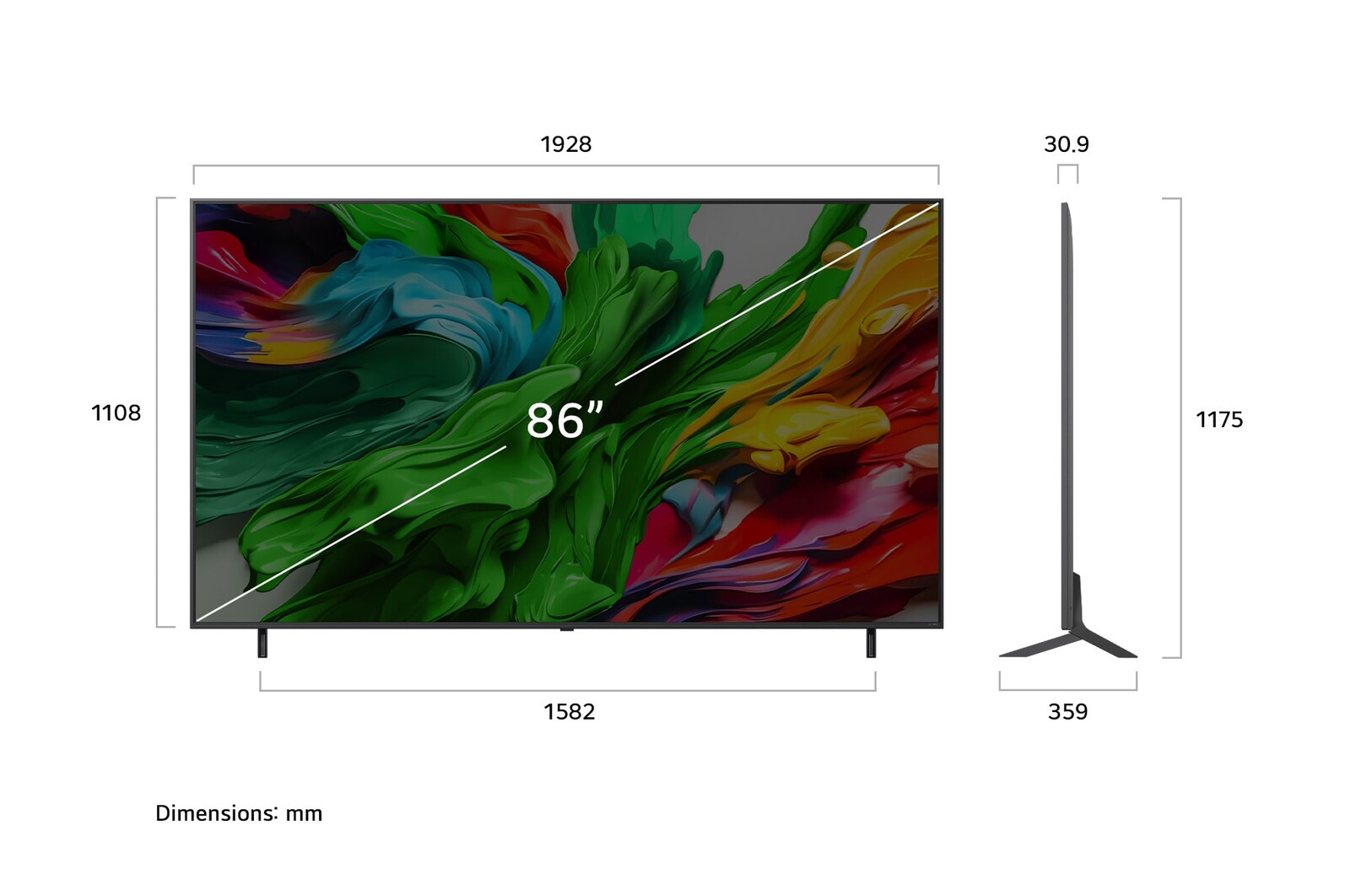 Vista de frente y lateral del Smart TV LG QNED evo AI QNED85 4K en la que se ven sus dimensiones de longitud, ancho, altura y profundidad.