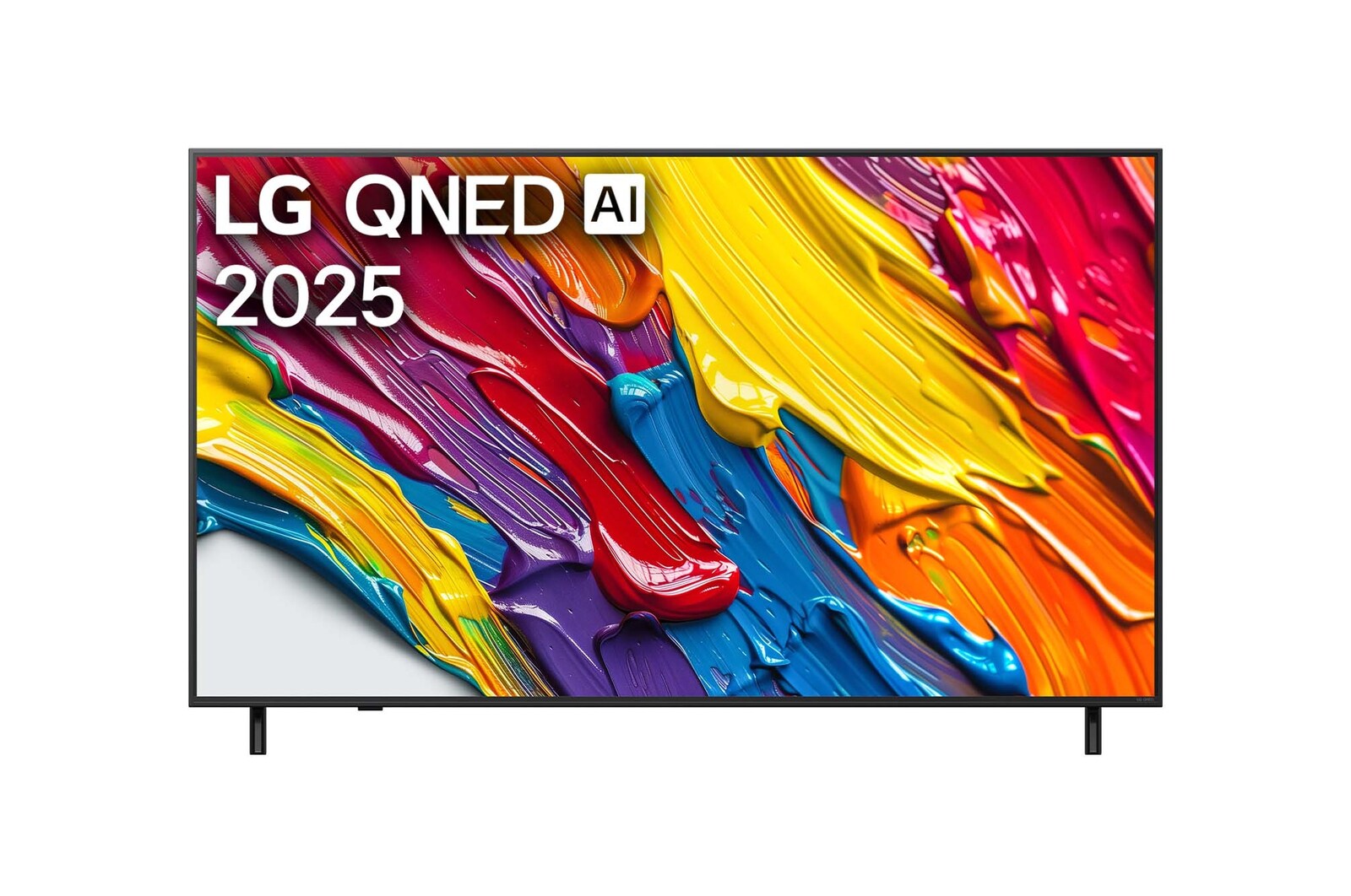 Vista de frente del televisor LG QNED82 TV, logotipo de LG QNED Al en la esquina superior. La LG QNED TV muestra coloridas texturas como la pintura que se combinan.