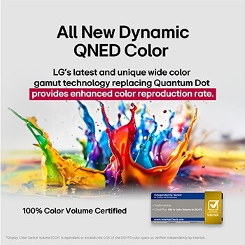 Salpicaduras de pintura de diversos colores irrumpen desde el suelo hacia arriba. Certificación de Intertrek para 100% de volumen de color para DCI-P3. El título habla de la nueva y exclusiva tecnología de amplia gama de colores de LG, que permite ver colores vivos en la pantalla.