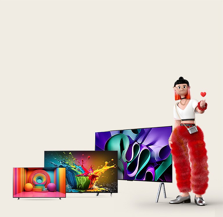 La figura animada de una mujer haciendo un corazón con sus manos junto a tres televisores OLED/QNED: el primero es un LG OLED TV, el segundo es un LG QNED TV sobre un soporte, y el tercero es un LG OLED TV M4 con un soporte de dos postes. A la izquierda están las palabras “¿Cómo elijo el mejor televisor?” y un botón rojo con las palabras “Conoce más”.