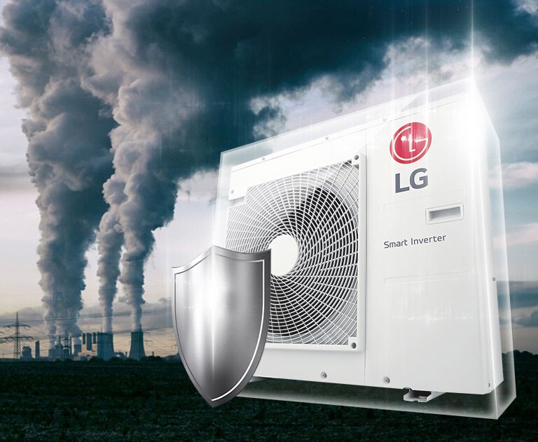 En el fondo, las fábricas emiten un humo oscuro, mientras a la derecha se ve un Smart Inverter de LG, encerrado en una caja transparente con un escudo metálico.