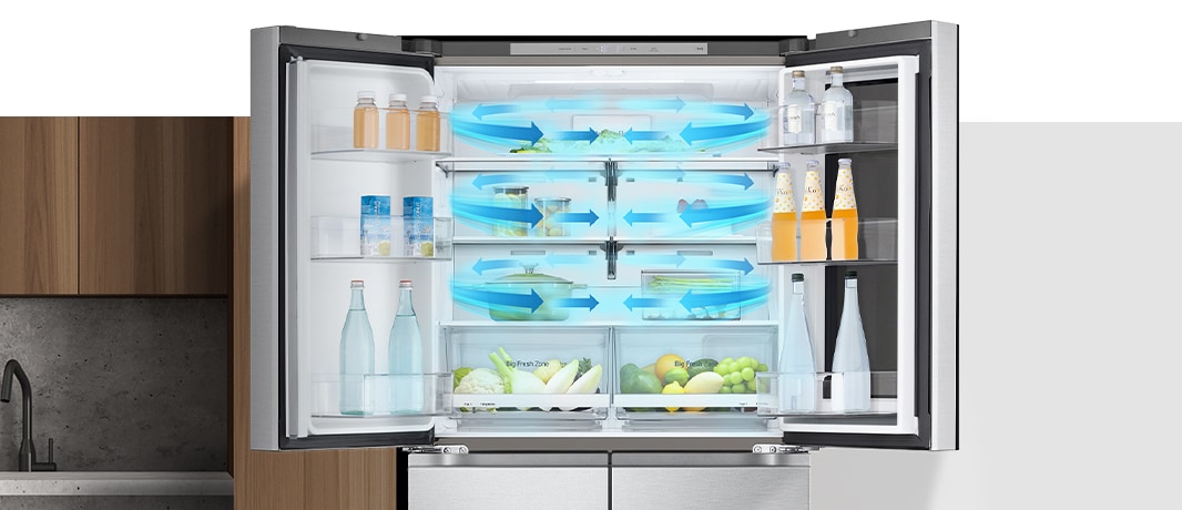 Dentro del refrigerador lleno de ingredientes, se muestran flechas azules, que significan frío.
