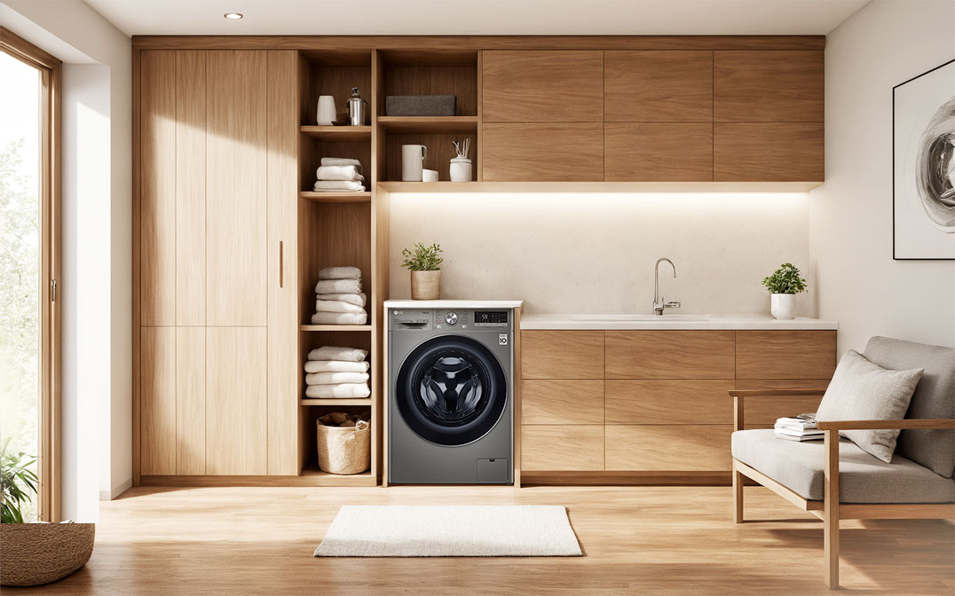 Un cuarto de lavado moderno con gabinetes de madera, que incluye una lavadora LG con AI DD, toallas dobladas y decoración minimalista.