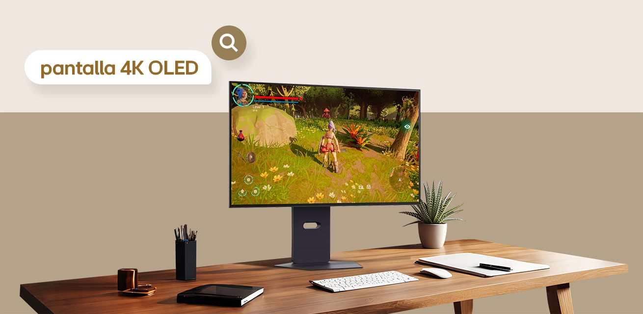 Un escritorio de madera con la vista lateral del Monitor LG UltraGear OLED Gaming mostrando un juego de aventura, creando un entorno de juego inmersivo.