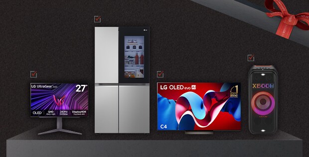 La lista de deseos de un vendedor de LG, que incluye un monitor LG UltraGear, un refrigerador InstaView, un televisor LG OLED y un altavoz Xboom, se coloca dentro de una caja de regalo.