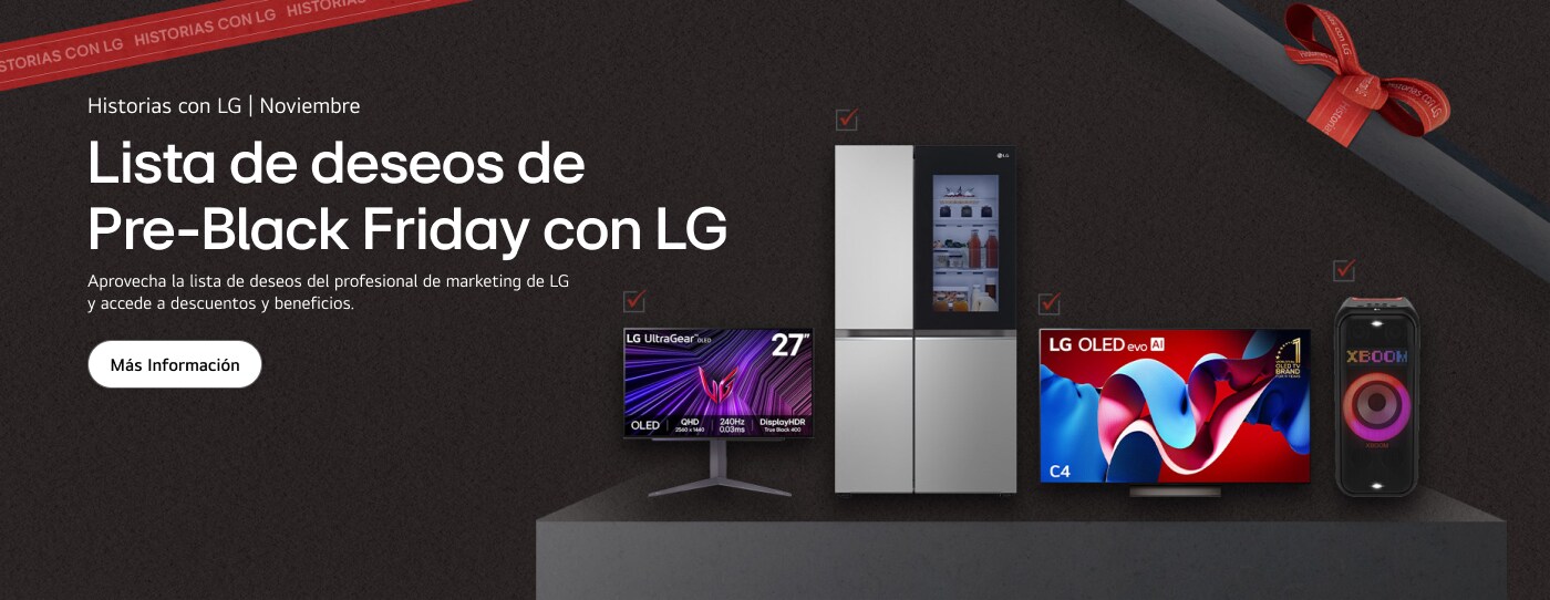 La lista de deseos de un vendedor de LG, que incluye un monitor LG UltraGear, un refrigerador InstaView, un televisor LG OLED y un altavoz Xboom, se coloca dentro de una caja de regalo.