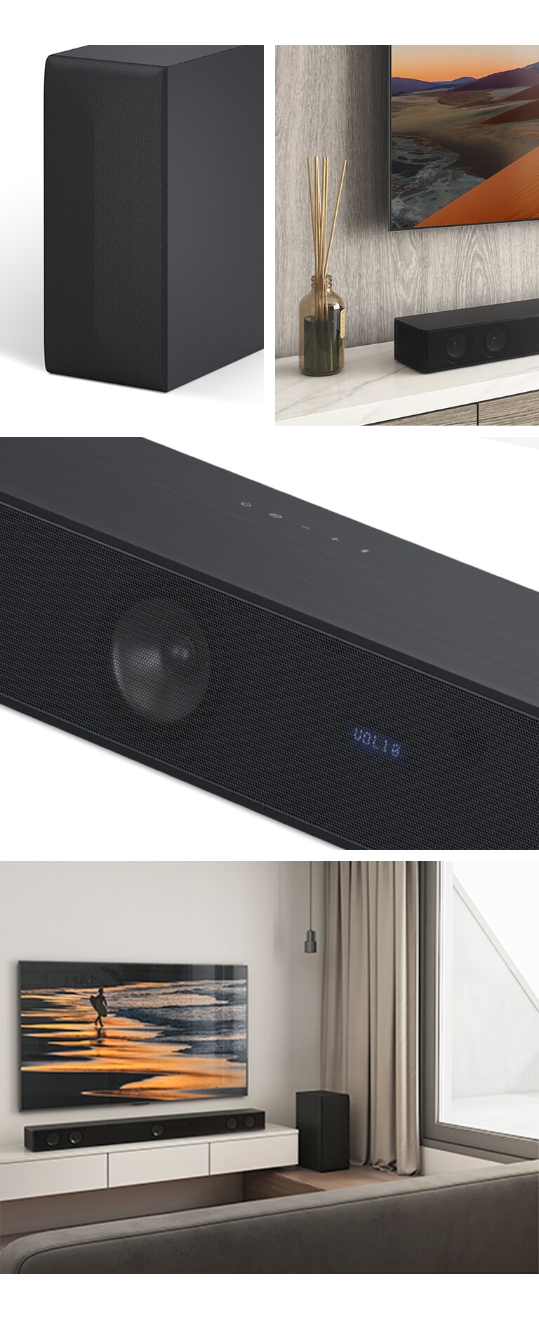 Desde la izquierda, una imagen del altavoz de subgraves, un primer plano de un televisor LG que muestra el montaje en la pantalla y la barra de sonido LG debajo. A la derecha, desde arriba hacia abajo: primer plano de la barra de sonido LG. Un televisor LG, que muestra una playa al atardecer, y la barra de sonido LG con el altavoz de subgraves colocado en la sala de estar.