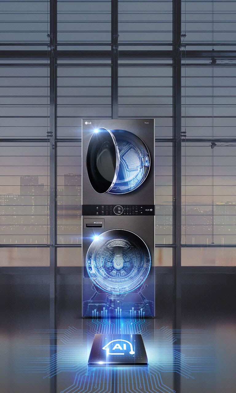 Una Torre de Lavado LG se ubica de frente con una pared de ventanas detrás. Explicación AI