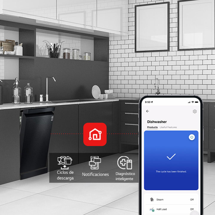 Vista general de cocina moderna con lavavajillas LG y LG ThinQ: Descargar ciclos, Notificaciones y Diagnóstico inteligente.