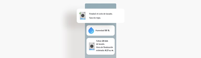 La imagen muestra las actualizaciones de estado de la lavadora en la pantalla de la aplicación LG ThinQ.