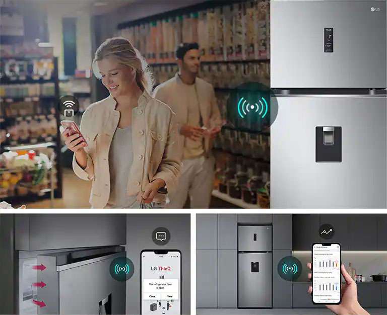 Imagen de refrigeradora inteligencte con conexión a un smartphone donde una mujer y un hombre utilizan aplicacion