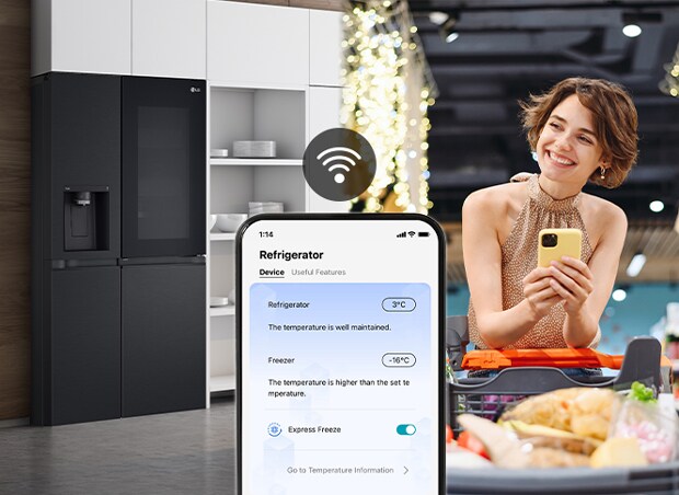 Imagen derecha: mujer con celular. Imagen izquierda: vista frontal refrigerador. Central: conectividad celular y refrigerador