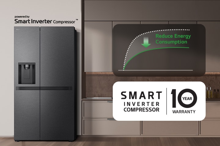Refrigerador instalado en la cocina. Muestra la reducción del consumo de energía mediante el compresor inversor inteligente.