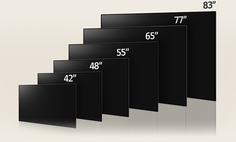 Una imagen que compara los distintos tamaños del LG OLED C3 mostrando modelos de 42", 48", 55", 65", 77", y 83".