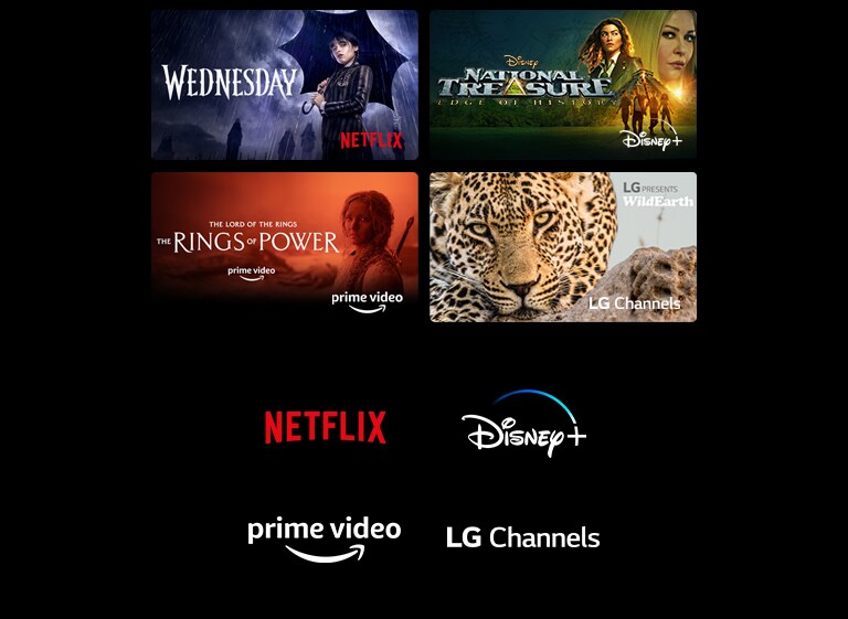 Un póster de Merlina de Netflix, Los anillos del poder de Prime Video y un fotograma de LG Channels con un leopardo en su hábitat.