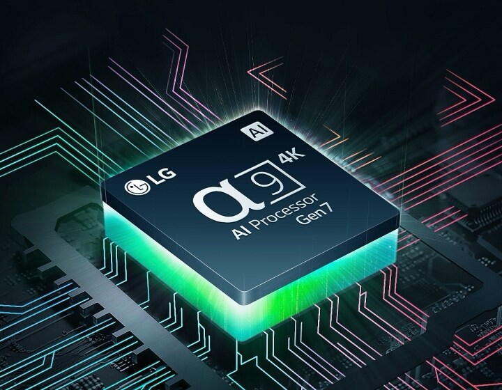 El procesador AI Alpha 9 Gen7 de LG apenas visible en medio de la oscuridad. El procesador AI se ilumina en verde y de él salen rayos de luz de colores. Aparecen más tornillos a lo largo de la placa base, se extienden más y aparecen puntos blancos como estrellas, creando la impresión de una escena intergaláctica.