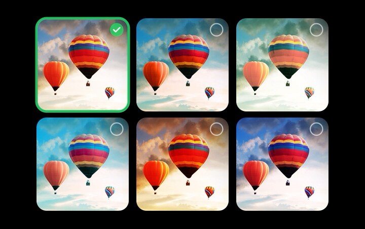Se muestra una galería con 6 imágenes de globos aerostáticos en el cielo. Se seleccionan dos imágenes. A continuación aparece una galería con 6 imágenes de personas haciendo burbujas. Se seleccionan 2 más. Aparece una pantalla negra con un ícono de carga rosa y morado. Aparece un paisaje místico y los refinamientos aparecen gradualmente de izquierda a derecha.