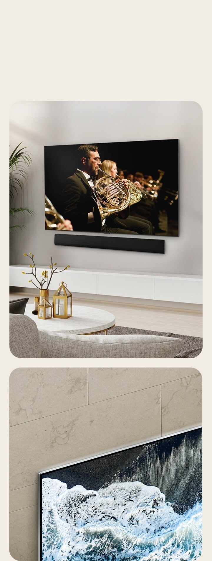 LG OLED TV, OLED G4 en un ángulo de perspectiva contra una pared de mármol que muestra cómo se fusiona con la pared. LG OLED TV, OLED G4 y una barra de sonido LG en un espacio limpio y plano contra la pared con una actuación orquestal en la pantalla.
