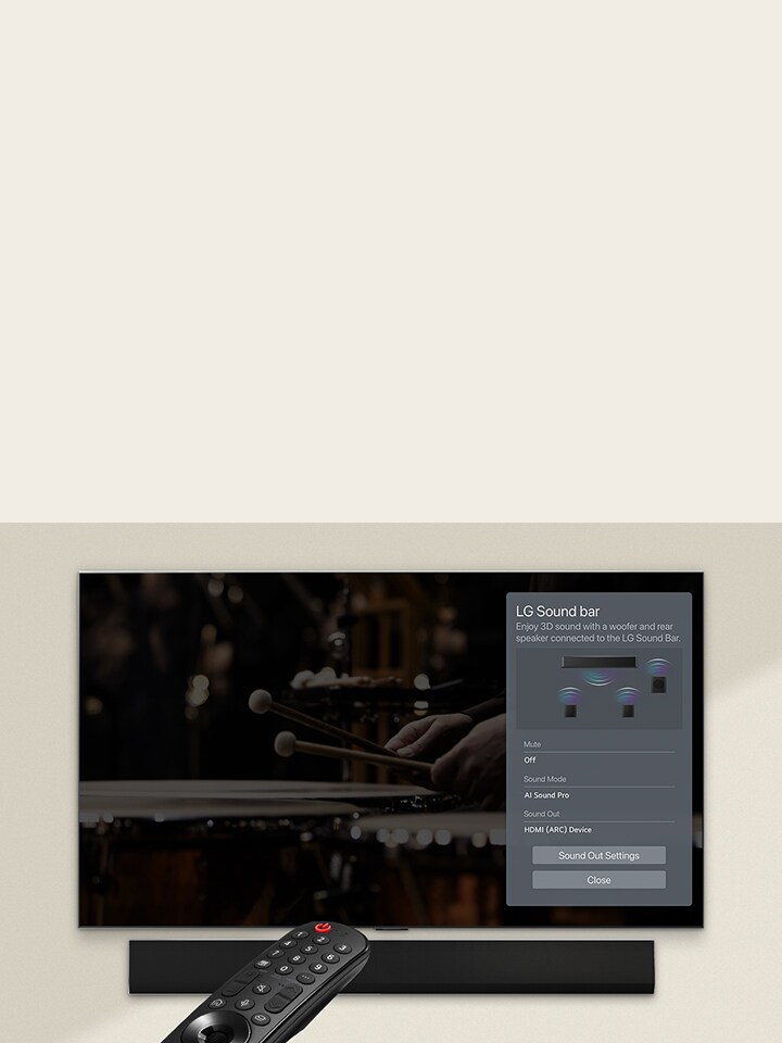 Un control remoto apuntando a un televisor LG OLED que muestra la configuración en el lado derecho de la pantalla.