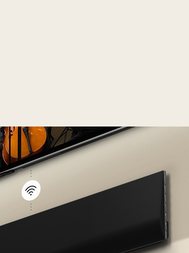 TV LG OLED y barra de sonido montadas en la pared con un símbolo de Wi-Fi blanco en el medio.