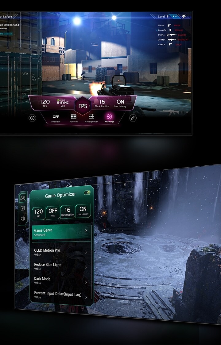 Una escena de juego FPS con el Panel de juego que aparece sobre la pantalla durante el juego. Una escena oscura e invernal con el menú Game Optimizer apareciendo sobre el juego.