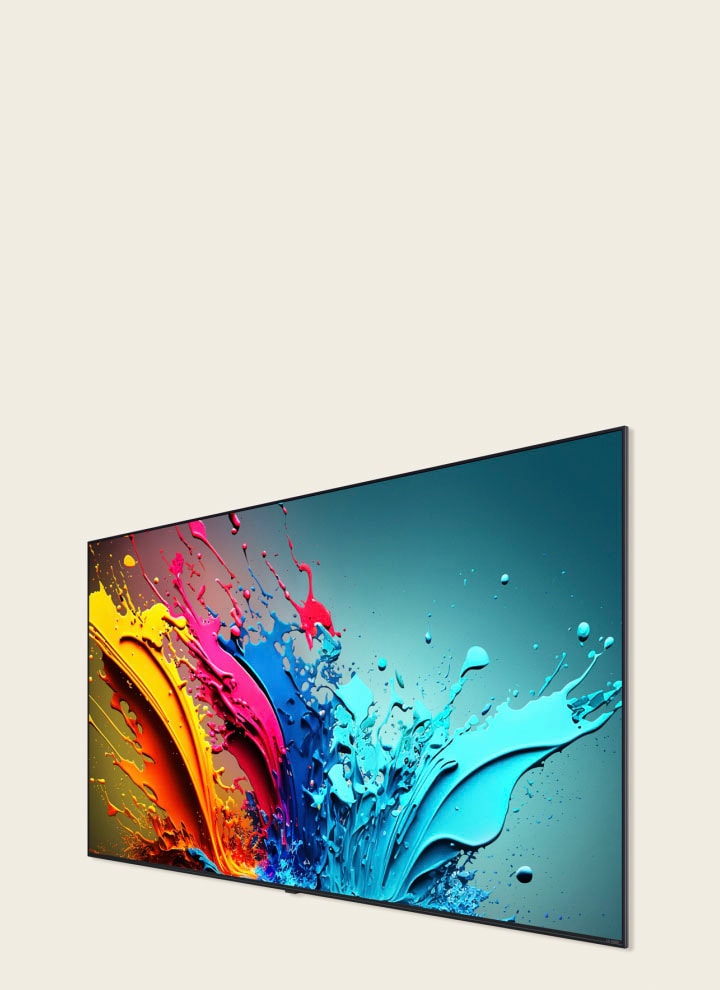 Pantalla LG QNED85 con una colorida obra de arte.	