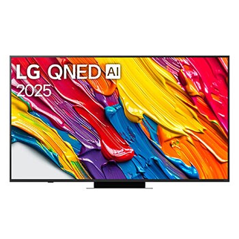 Vista de frente del televisor LG QNED83 TV, logotipo de LG QNED Al en la esquina superior. La LG QNED TV muestra coloridas texturas como la pintura que se combinan.