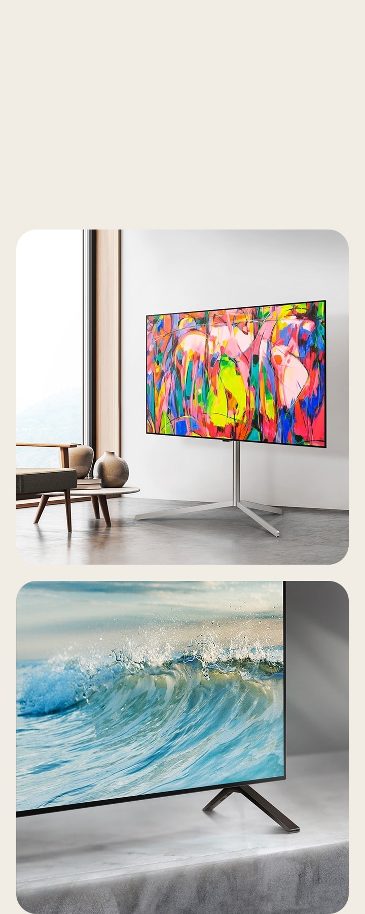 En la esquina inferior del televisor LG OLED, el OLED B4 se encuentra sobre una superficie de mármol. Una ola azul pálida aparece en la pantalla. El televisor LG OLED B4  está sobre un stand en un espacio minimalista.