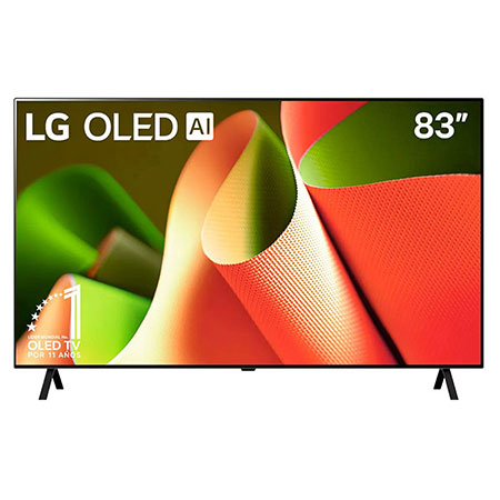 Vista frontal con LG OLED TV, OLED B4, 11 años del emblema OLED número 1 del mundo y logotipo de webOS Re:New Program en pantalla con soporte de 2 polos