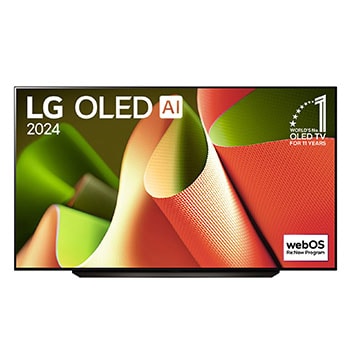 Vista frontal con el LG OLED TV, OLED AI B4, el emblema de 11 años como líder mundial OLED y el logotipo de webOS Re:New Program en la pantalla con soporte de 2 polos