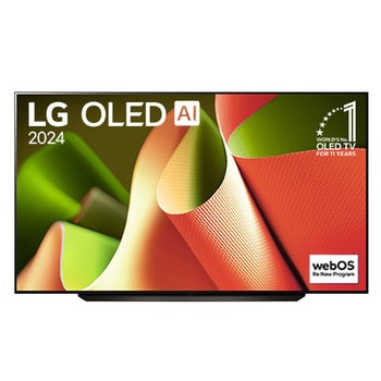 Vista frontal con LG OLED TV, OLED B4, 11 años del emblema OLED número 1 del mundo y logotipo de webOS Re:New Program en pantalla con soporte de 2 polos