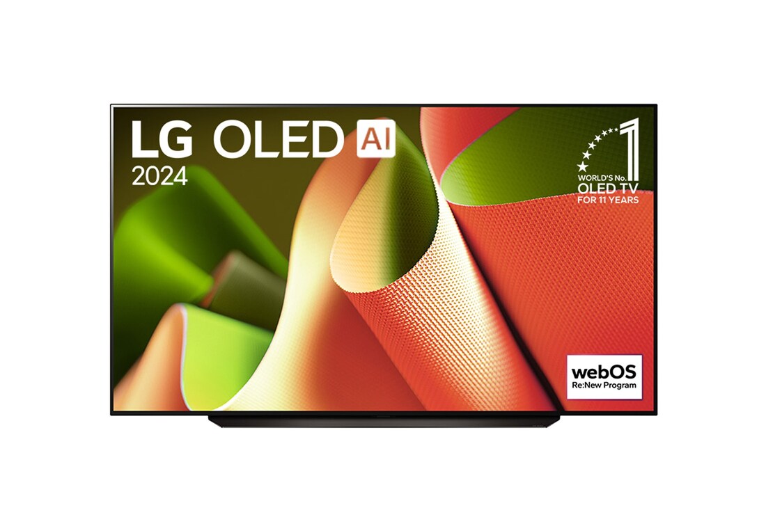 Vista frontal con el LG OLED TV, OLED AI B4, el emblema de 11 años como líder mundial OLED y el logotipo de webOS Re:New Program en la pantalla con soporte de 2 polos