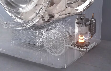 This is a perspective image of the DUAL Inverter Heat Pump™ inside the dryer.	
