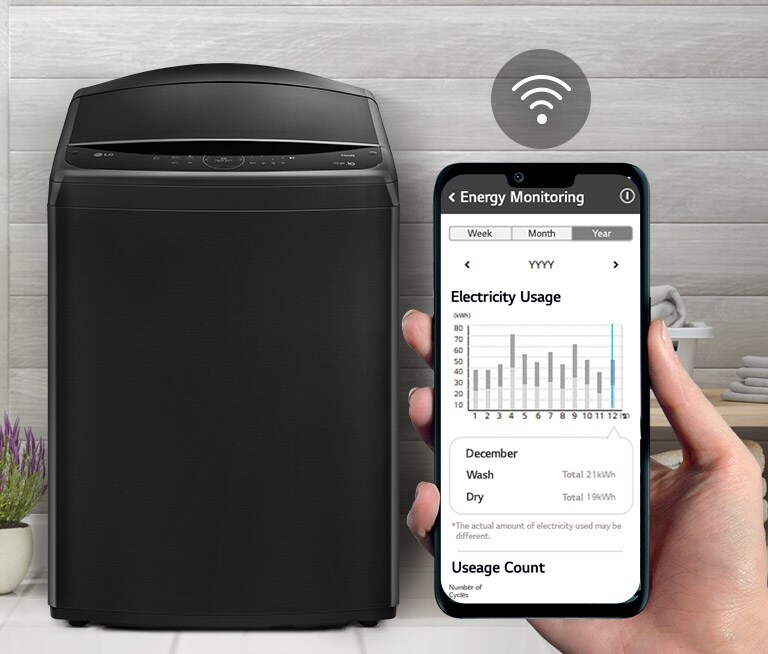 La monitorización continua de la lavadora es posible a través de la app LG ThinQ™.