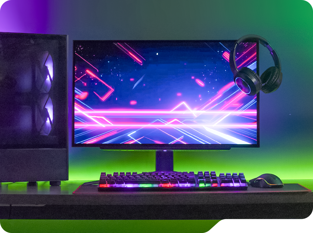 Sala de juegos con monitor LG UltraGear OLED, brillando con luces RGB.