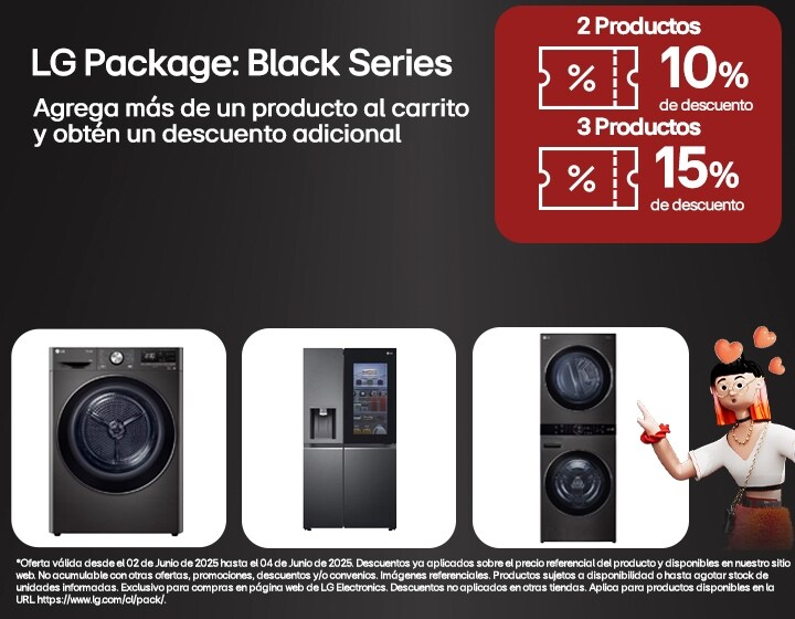 Banner de LG Package, 5 y 10 porciento de descuento adicional en productos seleccionados. Agrega 2 productos al carro de compra y recibe un 5% de descuento adicional, agrega 3 productos al carro de compra y recibe un 10% de descuento adicional