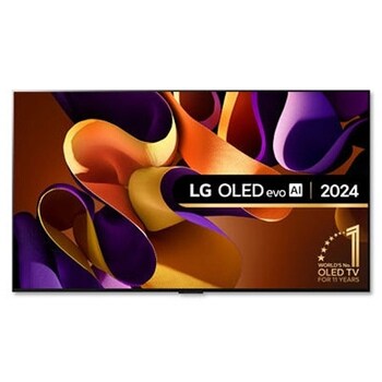 Front view with LG OLED evo TV, OLED G4, 11 Years of world number 1 OLED Emblem, and 5-Year Panel Warranty logo on screen