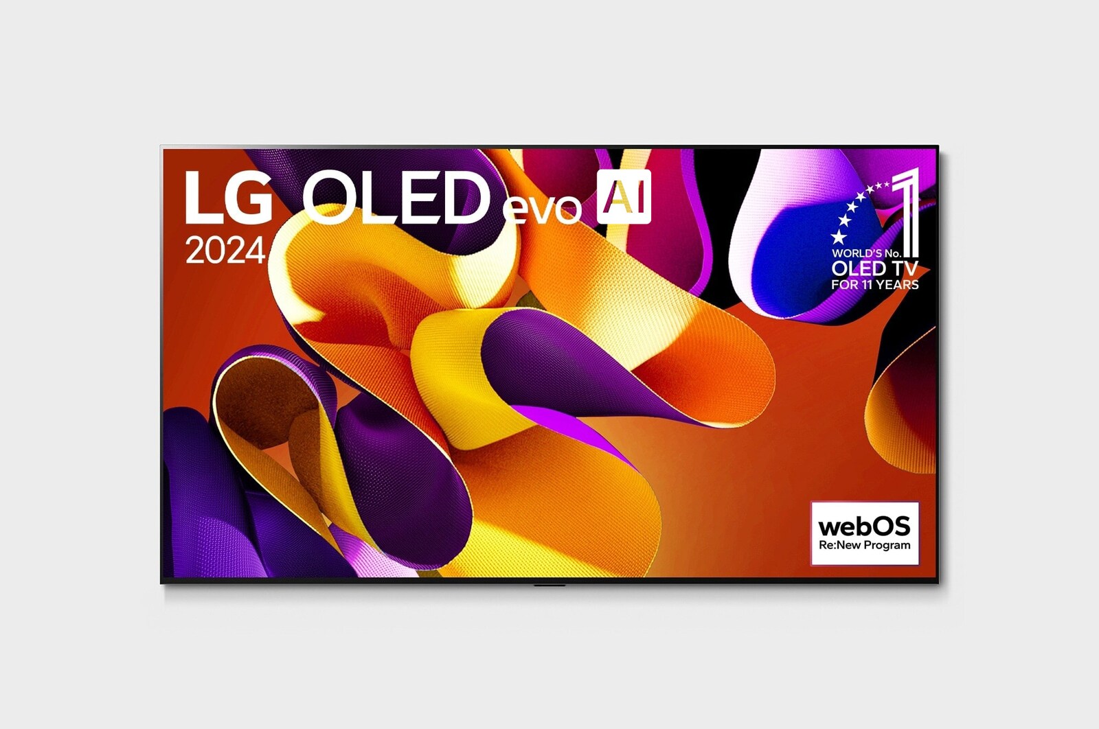 Front view with LG OLED evo TV, OLED G4, 11 Years of world number 1 OLED Emblem, and 5-Year Panel Warranty logo on screen