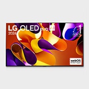 Front view with LG OLED evo TV, OLED G4, 11 Years of world number 1 OLED Emblem, and 5-Year Panel Warranty logo on screen