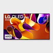 Front view with LG OLED evo TV, OLED G4, 11 Years of world number 1 OLED Emblem, and 5-Year Panel Warranty logo on screen