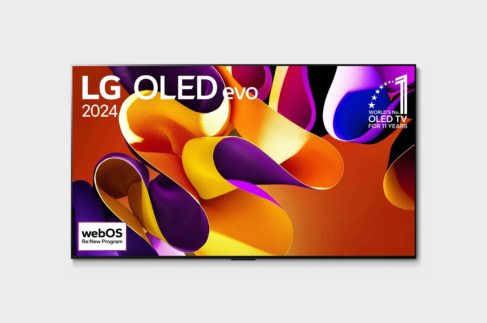 Front view with LG OLED evo TV, OLED G4, 11 Years of world number 1 OLED Emblem, and 5-Year Panel Warranty logo on screen