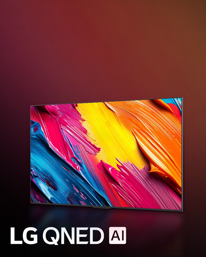 Televisor LG QNED sobre un fondo oscuro y colorido. En la pantalla, una obra de arte brillante y colorida muestra la tecnología de color de QNED y su capacidad para mostrar una amplia gama de tonos con gran contraste. Se ve el logotipo de LG QNED AI. El título dice: "Cada color redefinido con el color dinámico de QNED".
