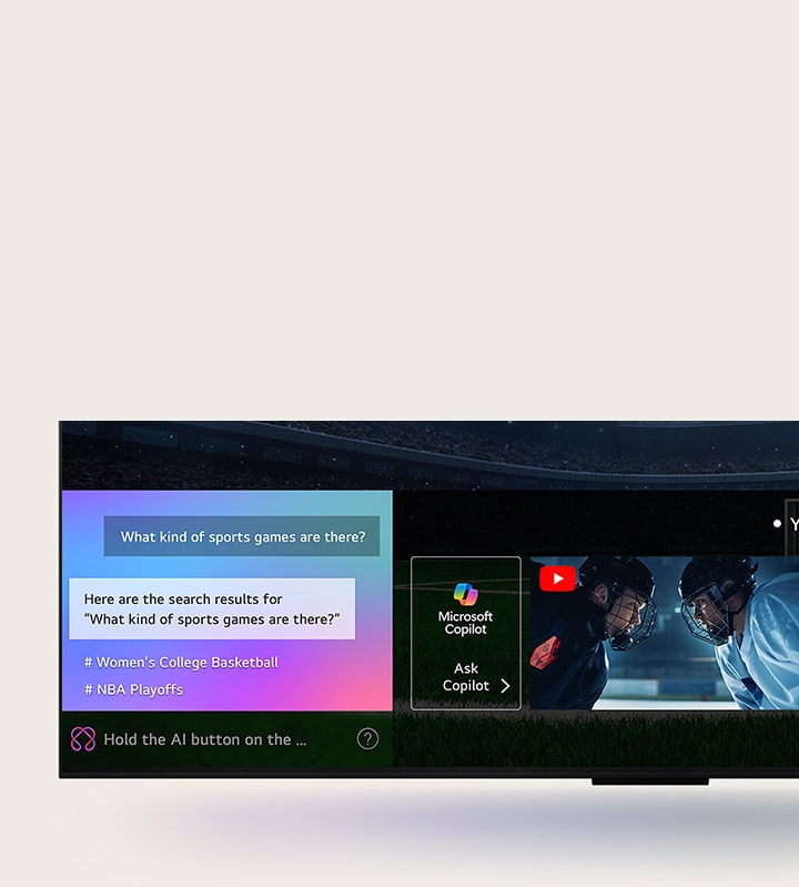 Primer plano de la pantalla de un televisor LG QNED que muestra cómo funciona la Búsqueda AI. Se abre una pequeña ventana de chat que muestra cómo el usuario preguntó qué juegos deportivos estaban disponibles. La Búsqueda AI respondió mediante el chat y mostrando miniaturas del contenido disponible. También aparece un mensaje para preguntar a Microsoft Copilot.